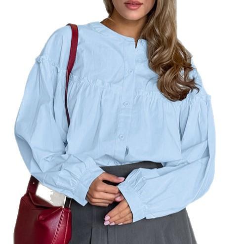 Early autumn niche pure cotton blue round neck long-sleeved fungus edge shirt women's high-end versatile commuter fashion casual cardigan