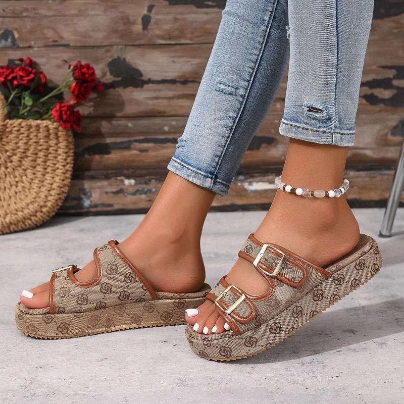 Fashion Summer Women Slippers Vacation Travel Beach Double-buckle Sandals Holiday Printing Slippers Fashion Platform Shoes Slides Women