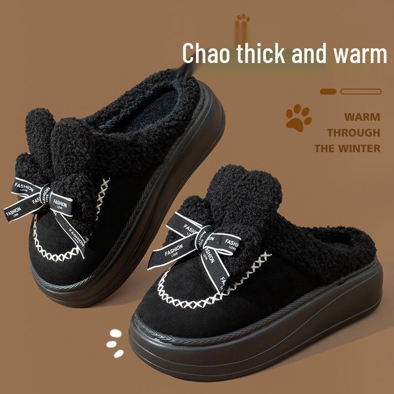 Damen Plüsch Schleifen Baumwollpantoffeln - Dicke Sohle, Warm, Kältefest, Neu für 2025, Perfekt für den Herbst-/Winter-Innenbereich.