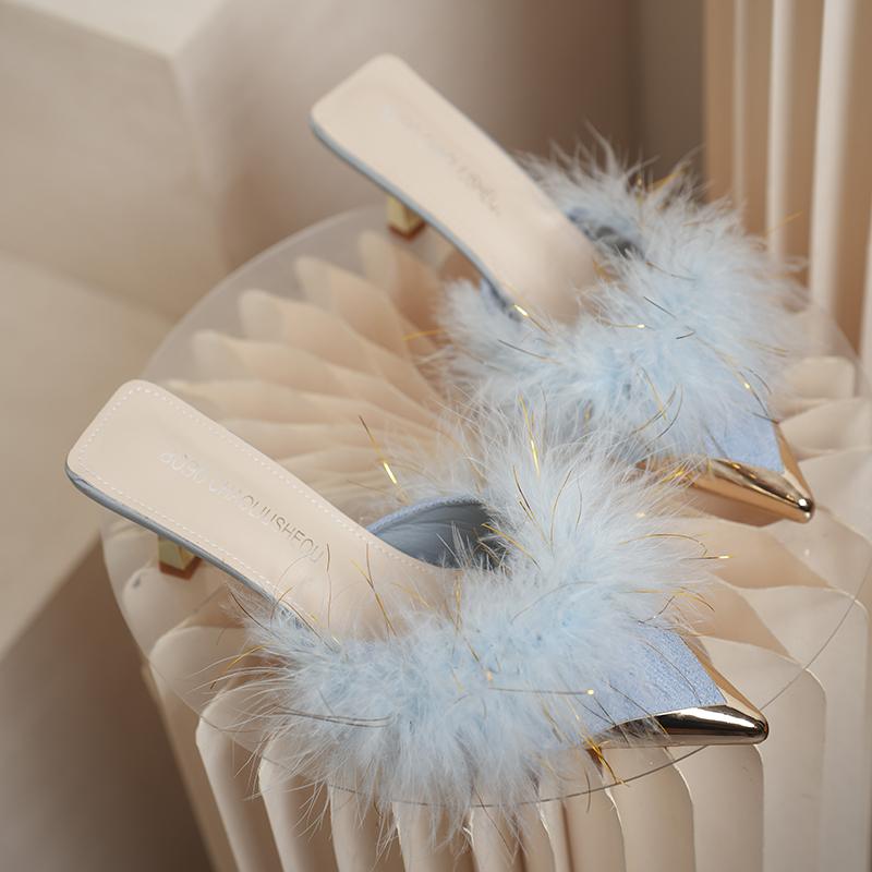 Fashion Women Warm Plush Pointed Toe High Heels Winter Mules Slipper Korean Fashion Design Thin Heels New Flip Flops Pumps Zapatos Mujer