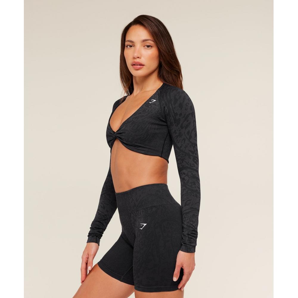 Gymshark Adapt Animal X Whitney Long Sleeve Crop Top Black Asphalt Grey b5c9X Bdrd