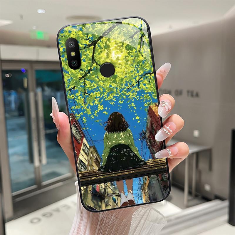 Beautiful Flower Cute Cartoon Cats Case For Xiaomi Mi A2 / Mi A2 Lite Tempered Glass Phone Case Protective Back Cover Hard Shell