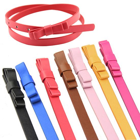 Women's Candy Color 2 Layers Bowknot Thin Narrow Belt PU Leather Waistband Strap
