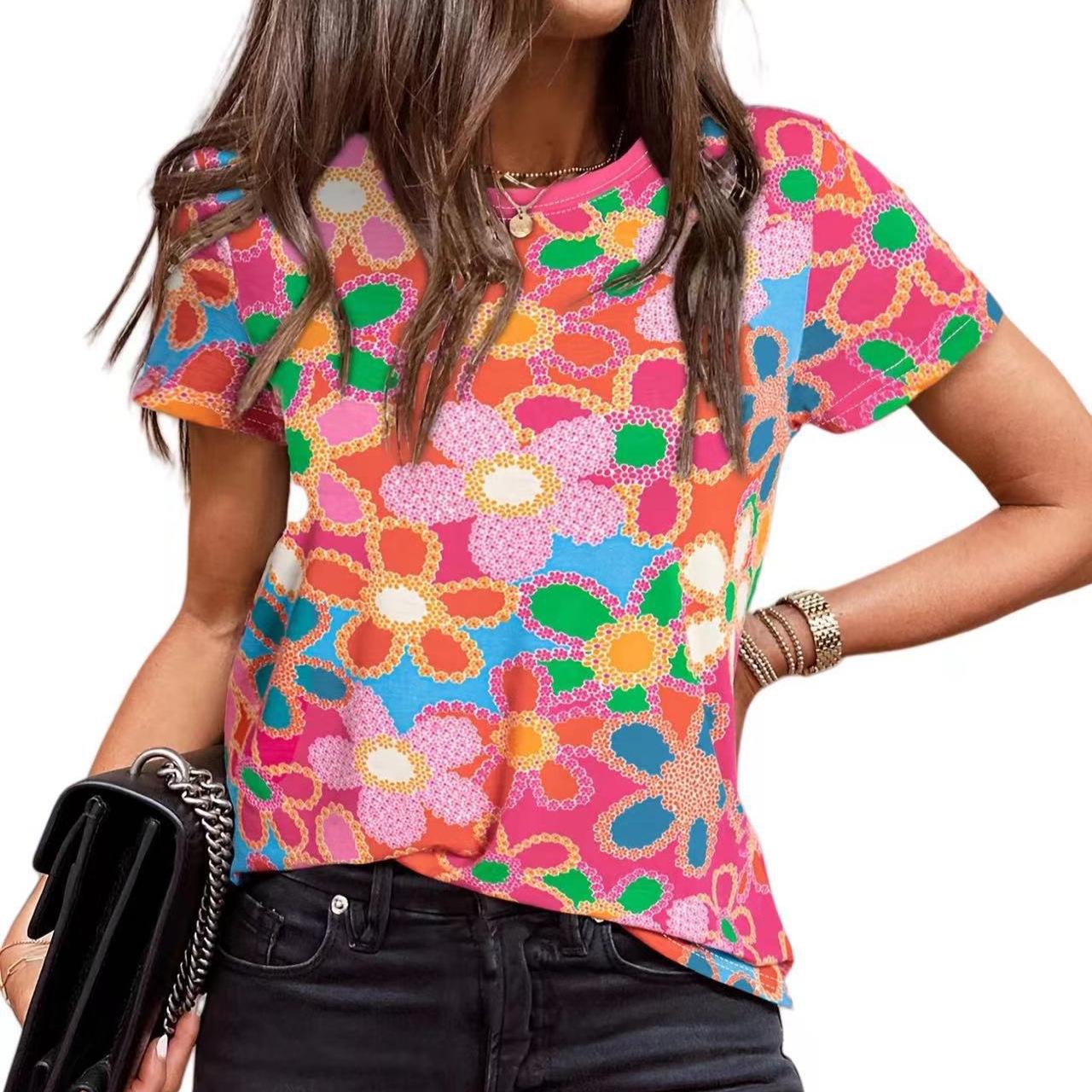 Women s Polka Dot Floral Short Sleeve Round Neck Casual T-Shirt Medium цветочный