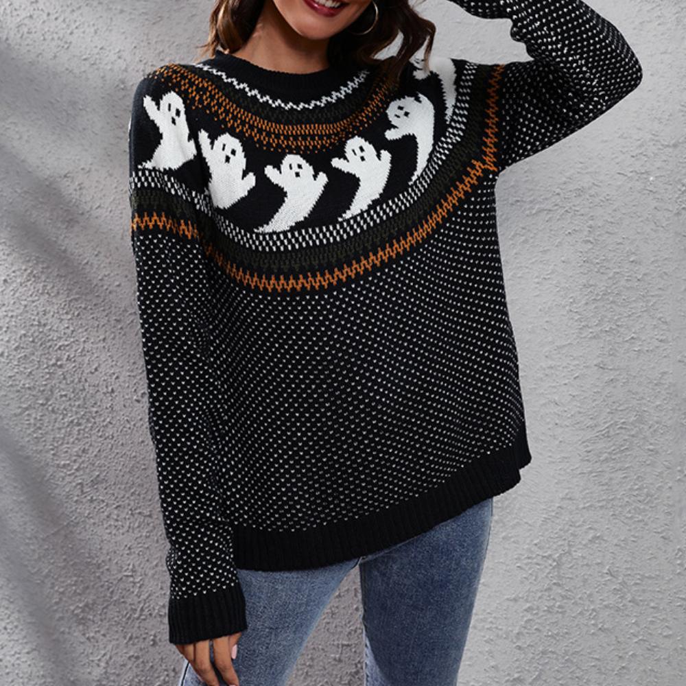 IHUASU Damen Herbst- und Winter Retro Polka Dot Langarm Strickpullover Locker