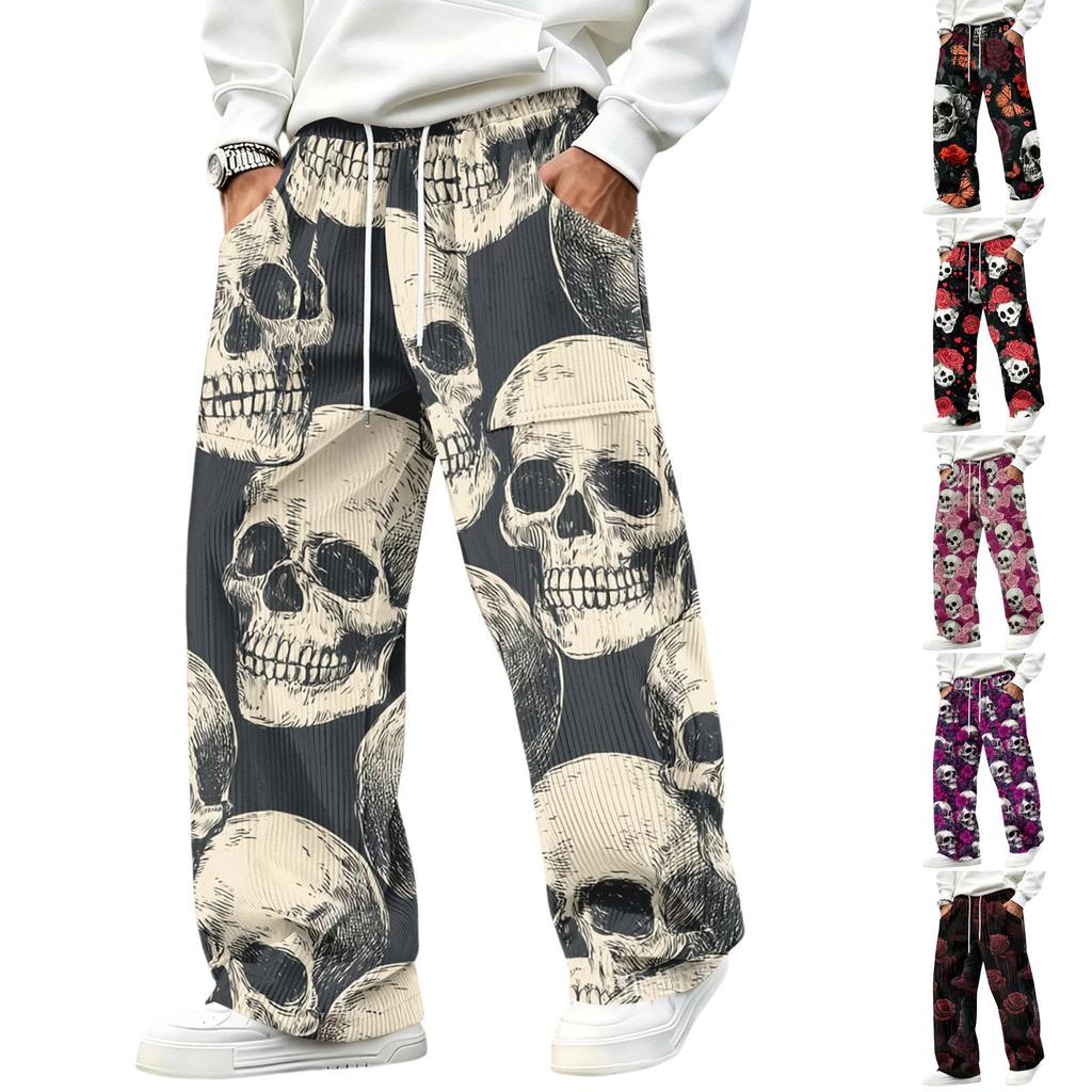 Men's Corduroy Straight Leg Joggers with Elastic Waistband and, Loose Fit Casual Pants, Halloween Print