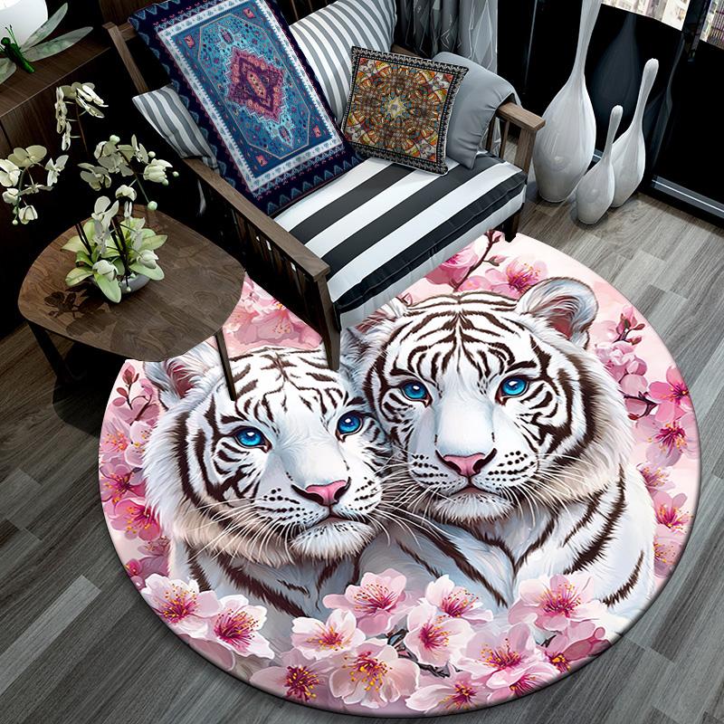 White Tiger Round Area Rug,Carpet Rug for Living Room Bedroom Sofa Playroom Decor,Non-slip Floor Mat