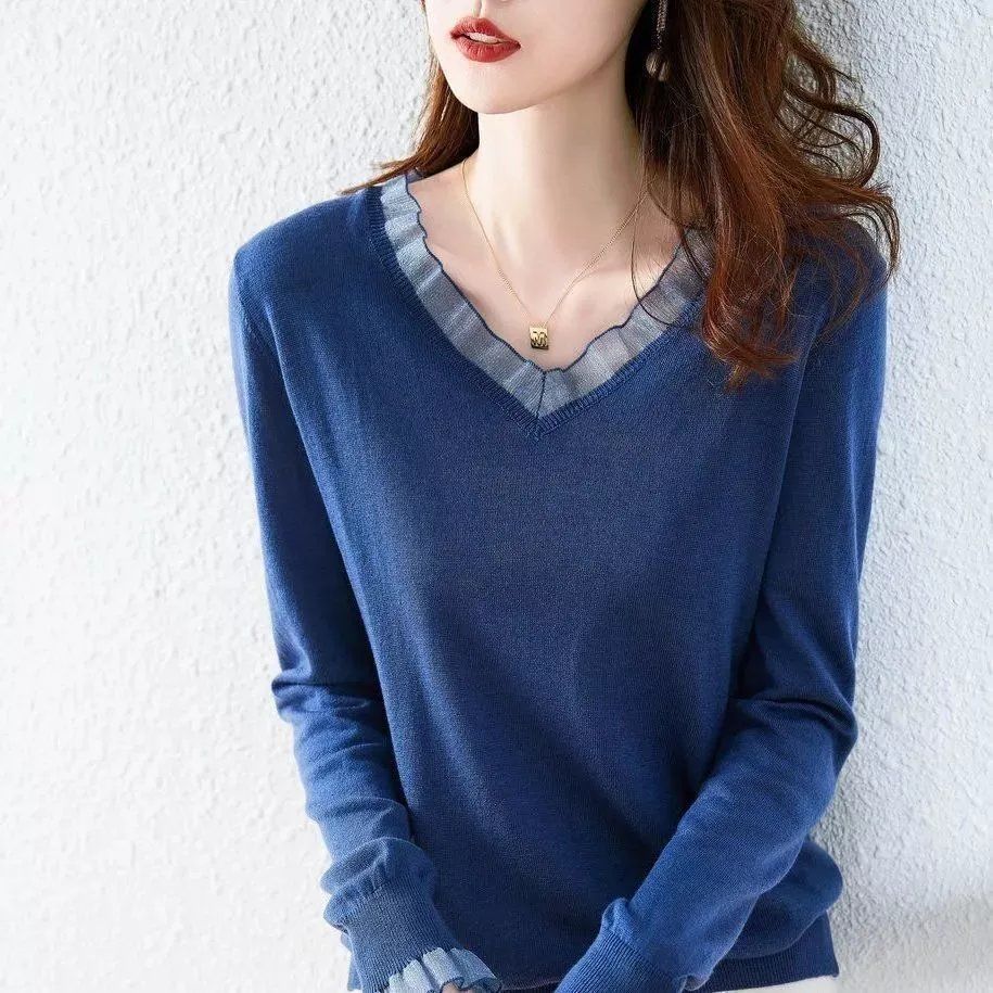 Loose V-neck Knitted Sweater Autumn Winter Solid Color Splicing Pullover Top