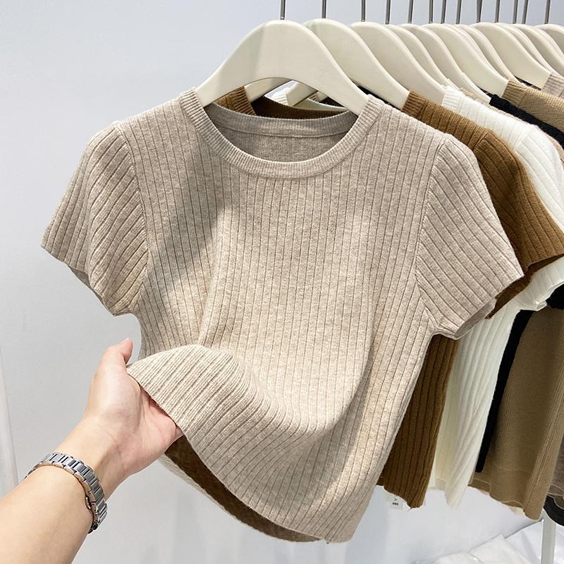 Dames Ronde Hals Brede Streep Korte Mouw Gebreide Top Lente/Herfst Seizoen Slank Makend Korte Blouse