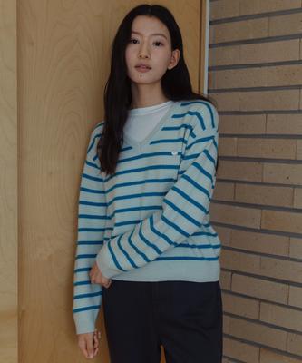 LAMINEZ Mono Stripe V-Neck Knit - Blue