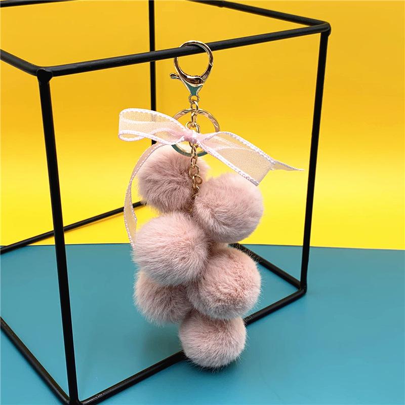 Cute Creative Grape Fruit Lace Bow Fur Ball Plush Doll Toy Keychain Pendant Bag Hanging Backpack Charm Car Keyring New Year Gift