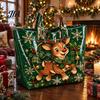 Reinforced Handle Carrying Bag Christmas PVC Tote Bag, Large Waterproof Shoulder Santa Deer Tree Stylish Holiday Gift Print, Reusable Grocery