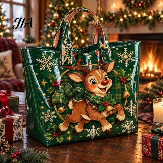 Reinforced Handle Carrying Bag Christmas PVC Tote Bag, Large Waterproof Shoulder Santa Deer Tree Stylish Holiday Gift Print, Reusable Grocery