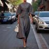 Women Elegant Belted Maxi Dress Batwing Sleeve Round Neck Split Solid Color Formal Party Long Gown