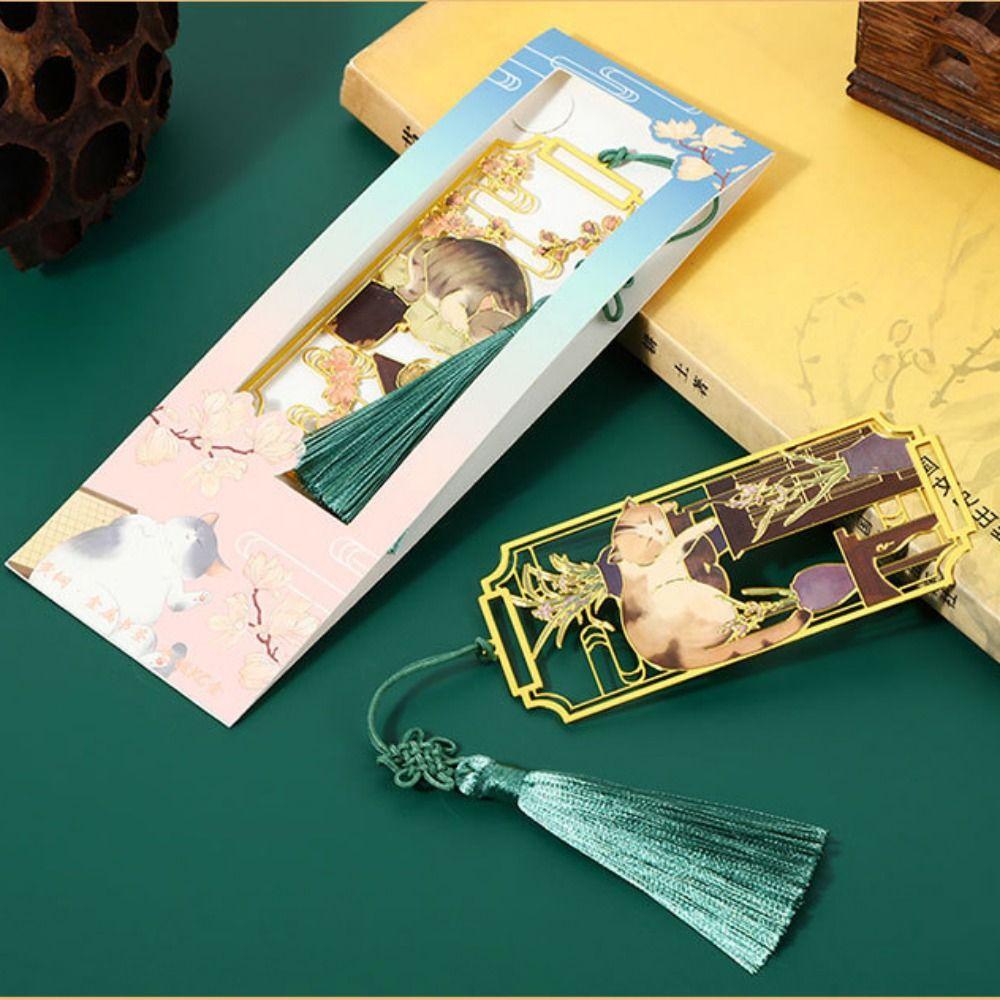 Chinese Style Hollowed Cat Bookmark Tassels Flower Retro Metal Reading Bookmark Creative Book Page Marker Birthday Gift