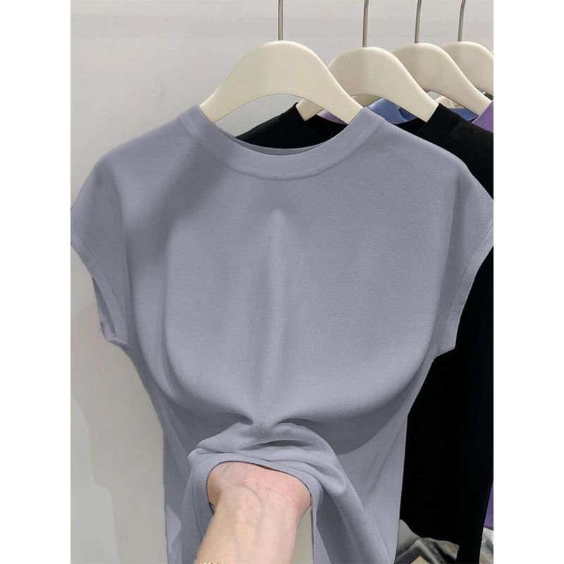 

Summer Ice Silk Sleeveless New Arrival Slimming Sweater Raglan Sleeve Flying Sleeve Thin Elegant round Neck Loose Top T-Shirt Grey ~ high quality fabric M