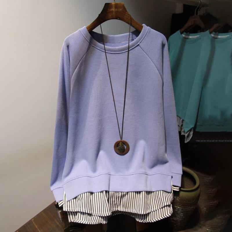 Lockeres Sweatshirt für Damen, Herbst, Fake-Zweiteiler, gestreift, Hunderte von mittellangen, lässigen Rundhals-Tops