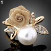 Women's Fashion Rose Faux Pearl Clear Crystal 9K Gold Plated Ring Party Jewelry