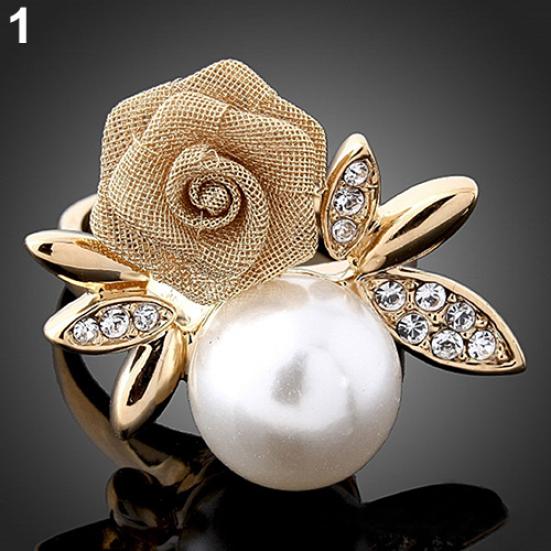 Women's Fashion Rose Faux Pearl Clear Crystal 9K Gold Plated Ring Party Jewelry