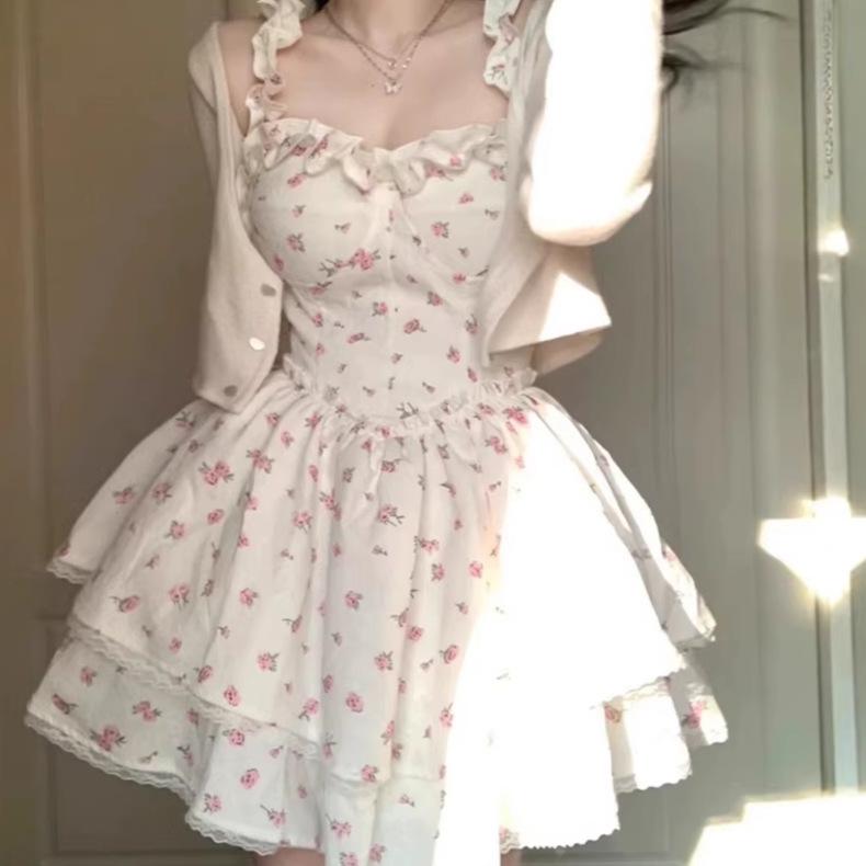 White Spice Girl Sexy Pure Wind Floral Suspender Dress Female Summer Waist Skinny Fluffy Dress Sweet Spicy Wind Skirt