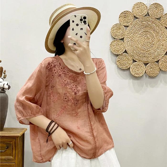 Summer Women's Round Neck Embroidered Cotton and Hemp T-shirt Short Sleeve Shirt Large Size Artistic Embroidered Casual Top