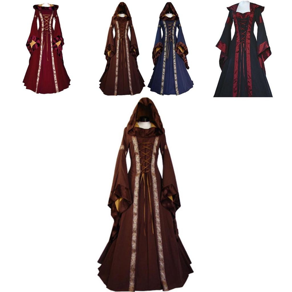 Women's Vintage Gothic Medieval Dress Costume Retro Hooded Victorian Renaissance Dress