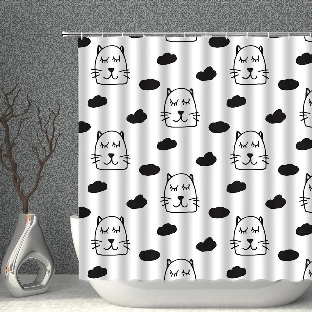 Cartoon Cat White Shower Curtain Waterproof Pattern Print Polyester Bath Curtains Multi-Size With Hooks Bathroom Screen Decor