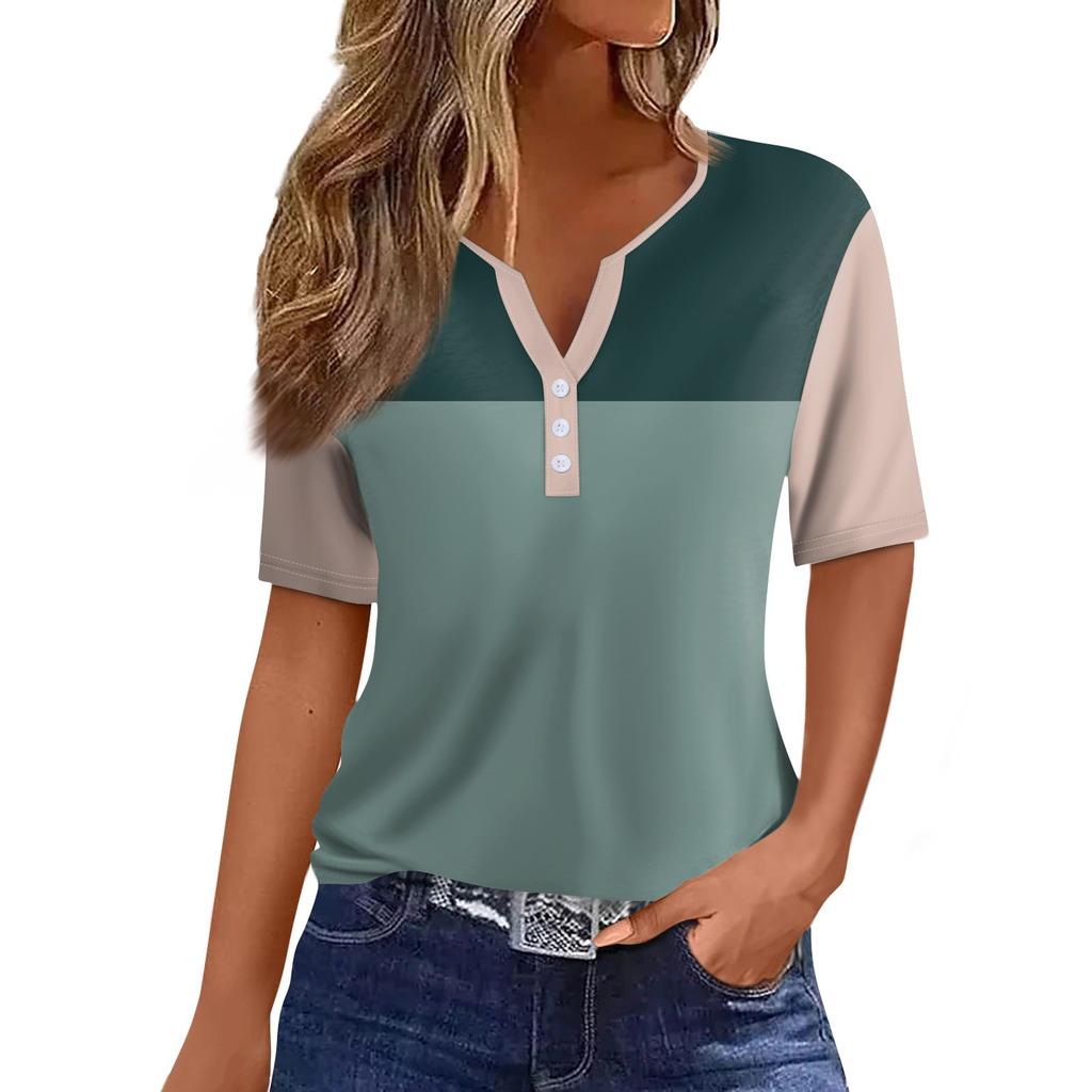 Camiseta feminina estampada botão manga curta diário fim de semana moda básica decote em v regular top verão