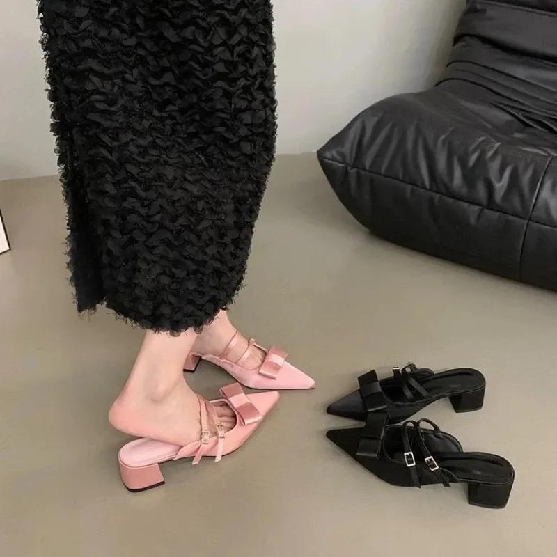 Fashion Women New Summer Pointed Toe Shallow Mouth Mary Jane Cool Drag Block Heel French Bow Wrapped Half Slippers
