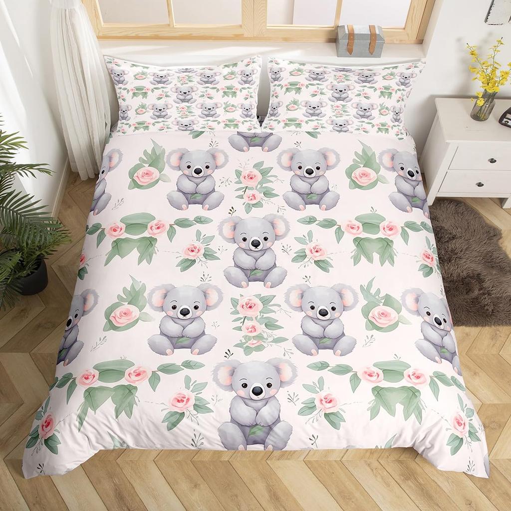 Kids Koala Duvet Cover Set, Blooming Floral Branch With A Bear Comforter Cover, Palm Tree Leaf Wildlife Cartoon Bedding Set,Twin