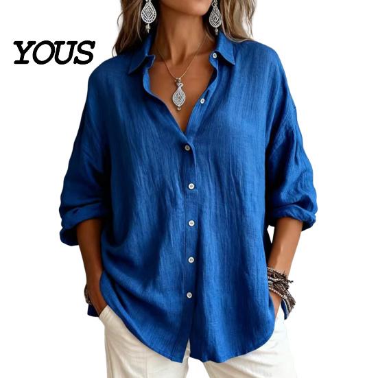 Casual Long Sleeve Tops Women Button Front Shirt, Turndown Collar Blouse, Relaxed Fit Solid Color Drop Shoulder Fall Top for Daily Wear