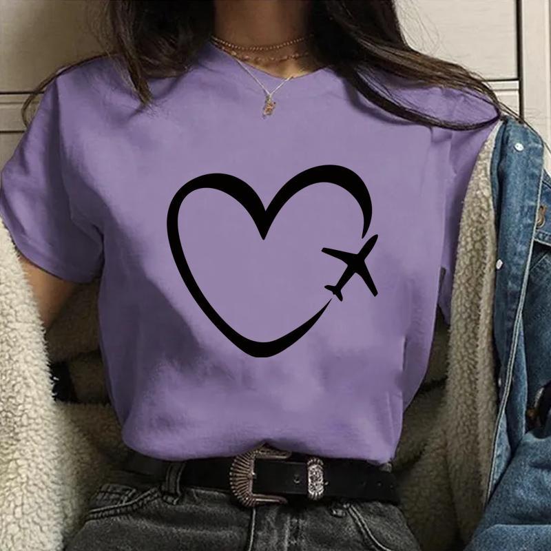 Personalized Creative Airplane Heart Pattern Printed T-Shirt Women's Fashion Shirt Casual Outdoor Women's Round Neck Short Sleev