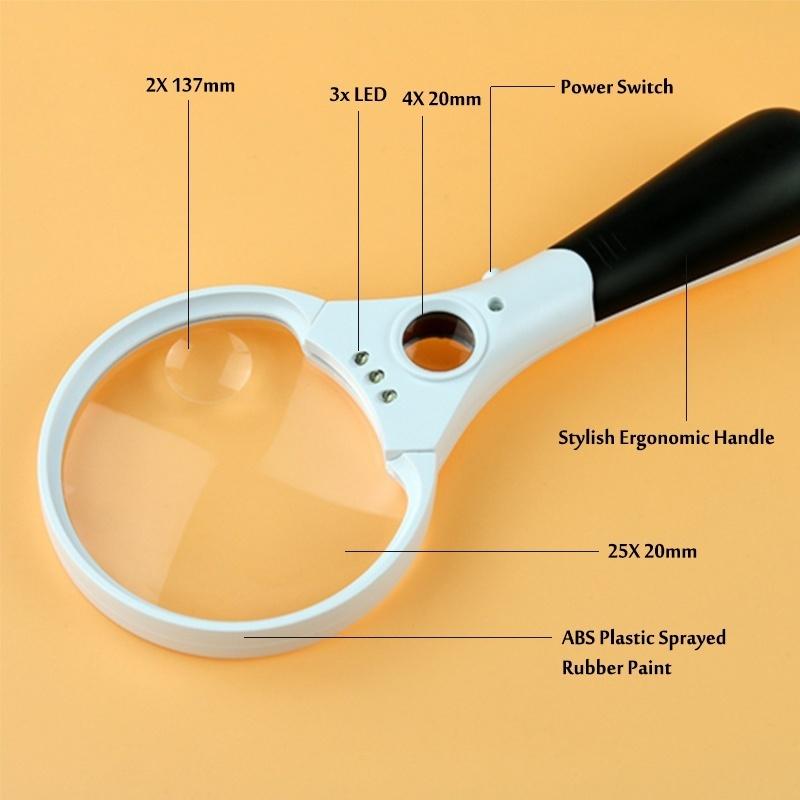 Buy 3-in-1 5.5inch Extra Large 2X 4X 25X Handheld 3LEDs Magnifier ...