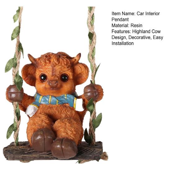 Car Interior Pendant Highland Cow Rear View Mirror Hanging Pendant Easy Installation Resin Figurine Garden Bookshelf Decor