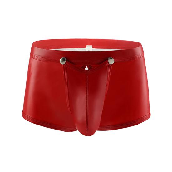 Men Sexy Boxers Smooth Faux Leather Button Closure U Convex Low Waist Elastic Soft Breathable Party Nightclub Underpants Male Underwear