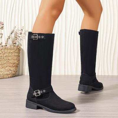 2024 Herbst und Winter neue schöne Stiefel Damen Gürtelschnalle runde Spitze dicker Absatz Schaft große Größe Western-Reiterstiefel