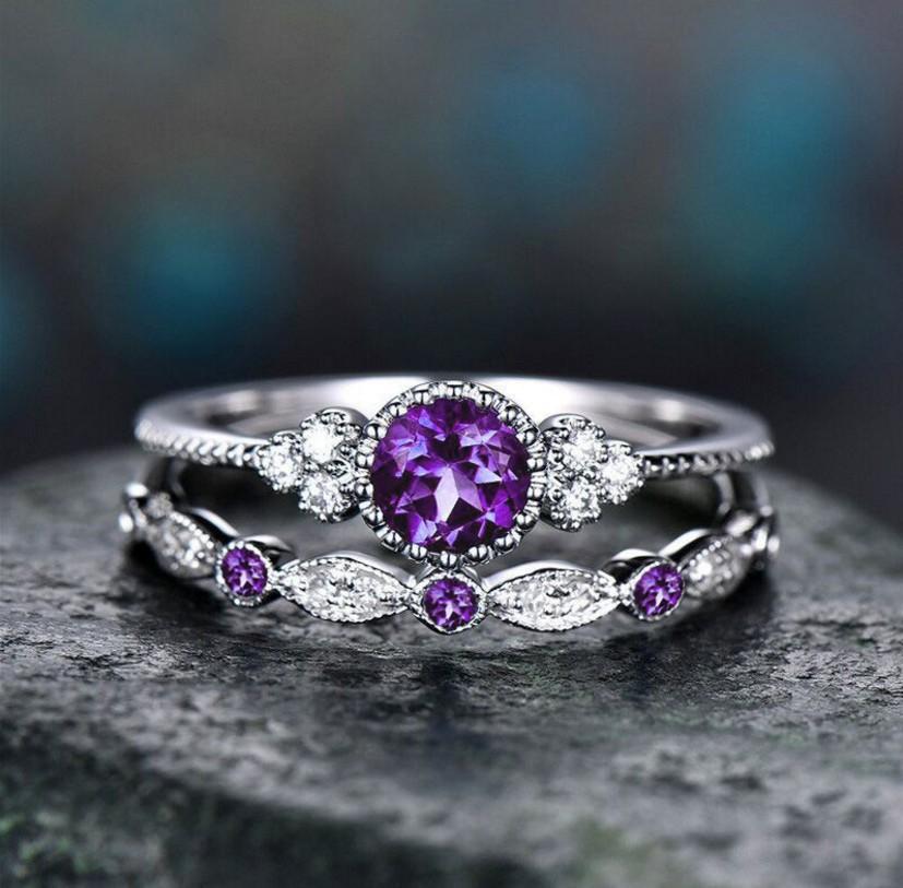 

2 PCs Silver-Color Vintage Blue Zircon Ring for Women Fashion Classic Wedding Purple Pattern Ring Jewelry Set Gift 6 фиолетовый