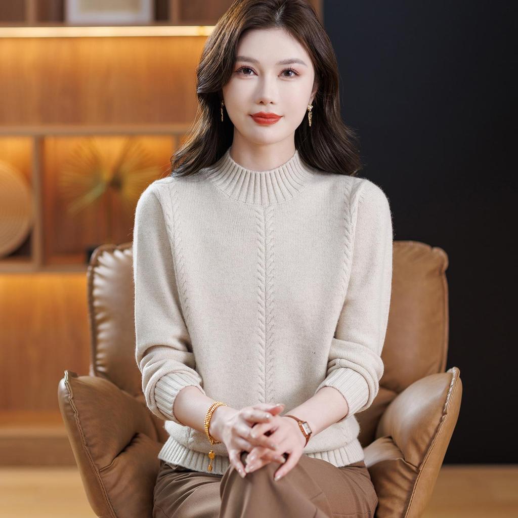 Maternity 100% Pure Wool Autumn/Winter Sweater for Women, Half-High Neck, Thickened Plain Color Base Layer for Middle-Aged & Elderly.