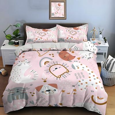 Cartoon Animals with Pink Background Print Bedding Set 1 Duvet Cover 2 Pillowcases for Adult and Children Luxury Gift Full Size