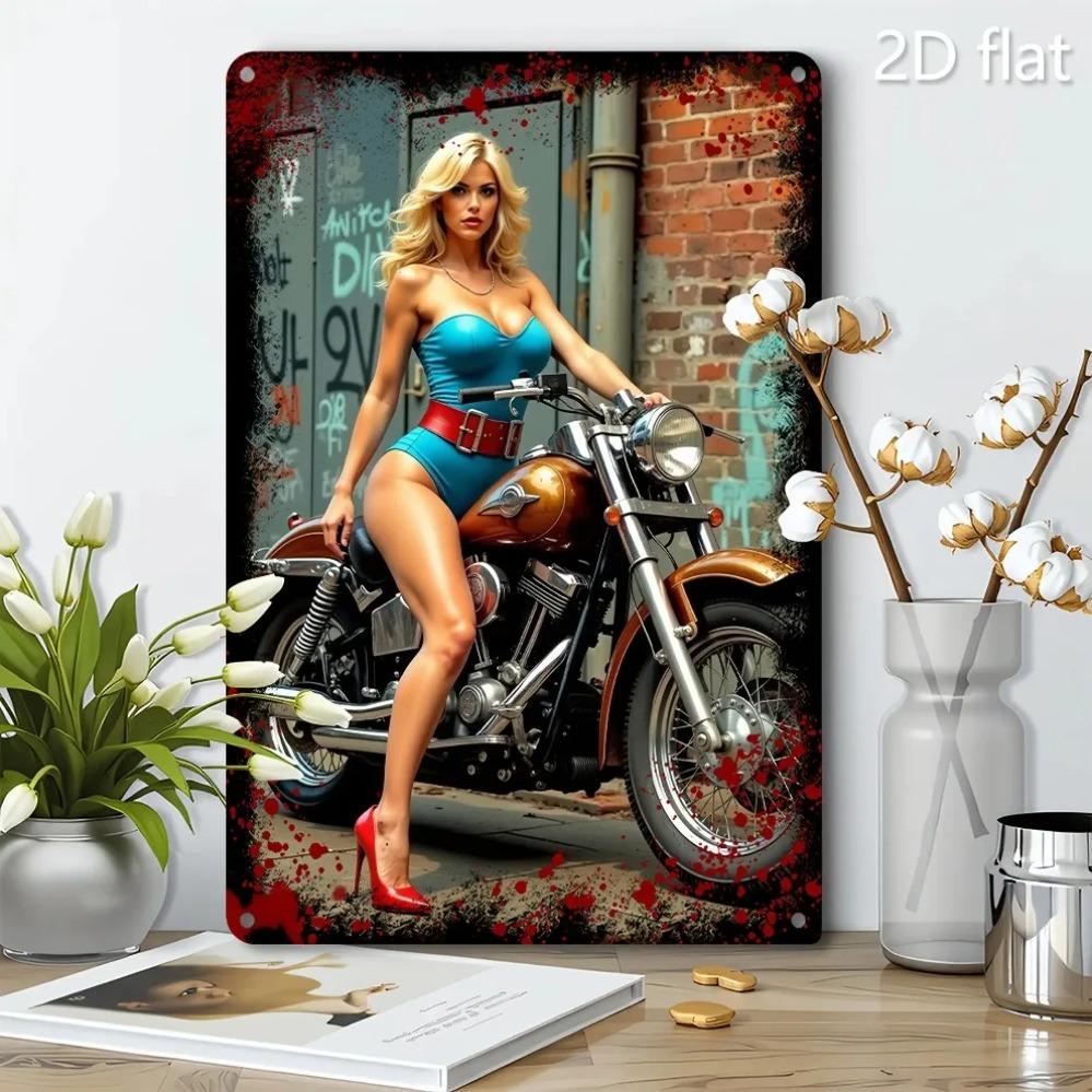 Vintage Metal Wall Art Blue Girl On Motorcycle Graffiti Outdoor Indoor Decor Handcrafted 8x12 Inch