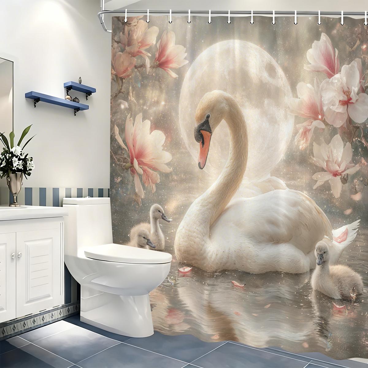 

Elegant Swan Pattern Polyester Shower Curtain - Charming Bathroom Decor, Stylish Bathtub Partition For Home Hotel W60H190(CM)-1 Pcs