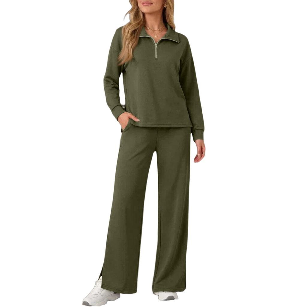 Damen 2-teiliges Freizeit-Outfit-Set mit durchgehendem Reißverschluss, Kragen und langen Ärmeln sowie Hose mit weitem Bein