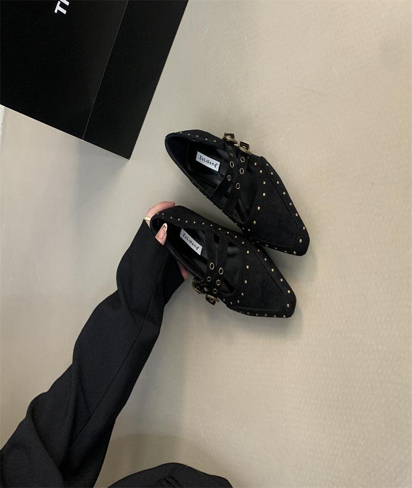 Flat heel suede low-top shoes Flat bottom shallow mouth rubber single shoes One-word buckle with pointed tip