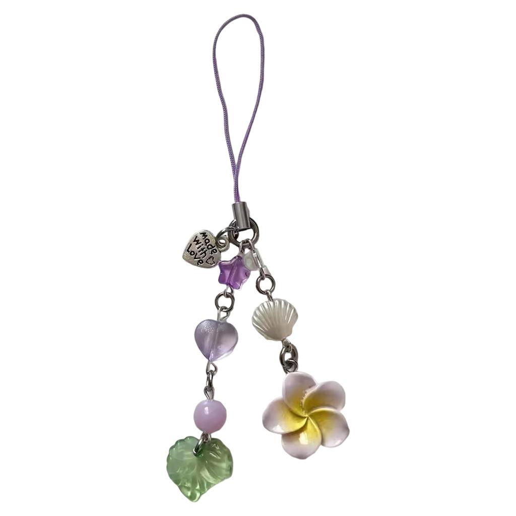 Elegant Phone Chain Cuteness Phone Lanyard Heart Shape Hanging Pendant with Plumeria and Tassels Alloy Texture for Woman