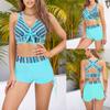 Novo Conjunto de Biquíni Feminino Estampa Étnica Boêmia Cintura Alta Boyshort com Costas Cruzadas Laço Maiô Conservador Controle de Barriga Peça Única