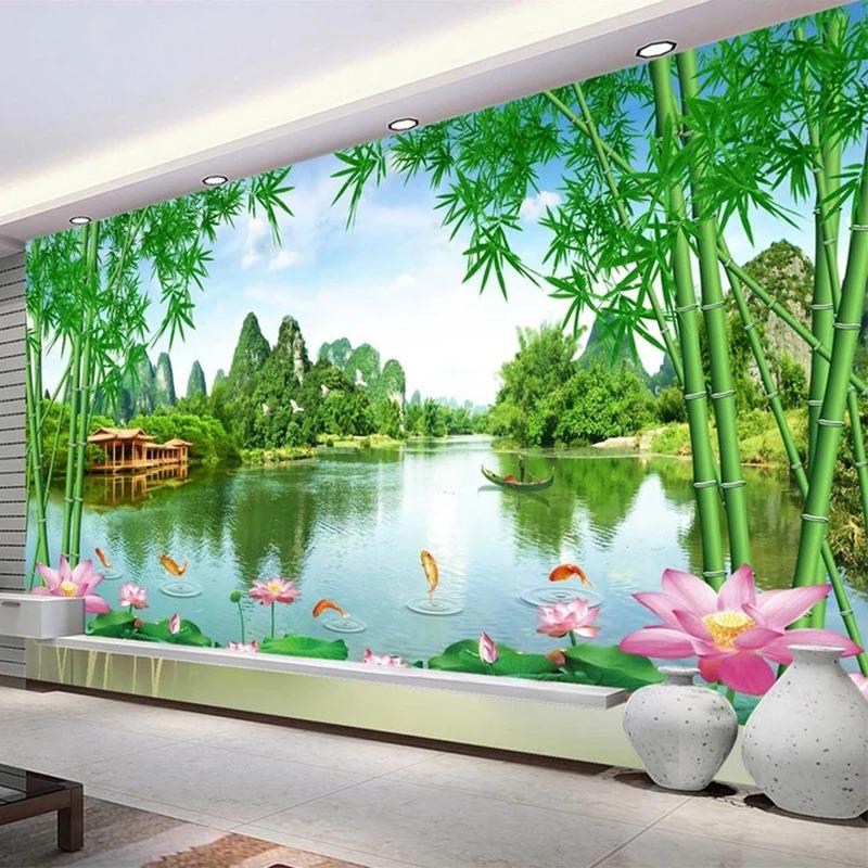 

3d Bamboo Lotus Nature Landscape Murals Living Room Tv Sofa Backdrop Wall Decor Photo Wallpaper 200 cm(W) x 140 cm(H)
