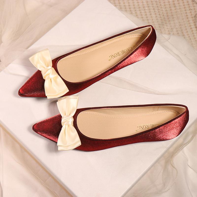 Fashion elegant ladies bowknot silk wedding shoes woman suede leather ballet flats pointy slip on loafers women bow moccasins big size43