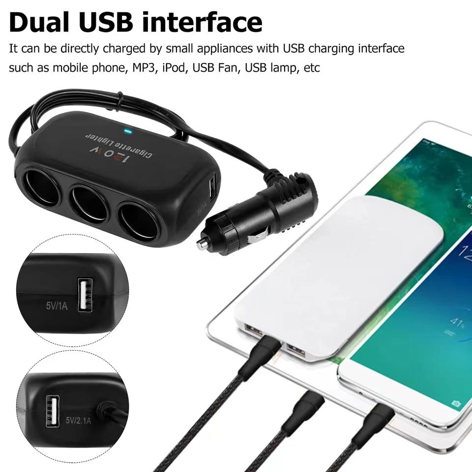 3 Socket Car Cigarette Lighter Splitter Dual USB LED Car Fast Charger 12V 24V Car Charger Adapter for lPhone GPS Dashcam
