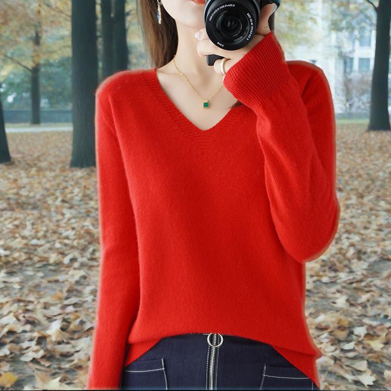 Jednobarevný pletený spodní svetr s výstřihem do V, tenký svetr, westernový styl, vnitřní vrstva