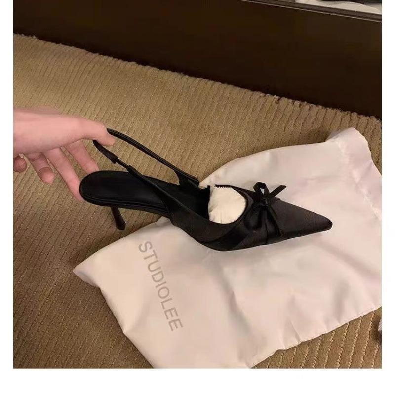 French Pointed Toe Platform Sandals Extend Leg Length 7cm Thin Heel Satin Bow Tie Versatile Backless Women's Summer Shoes